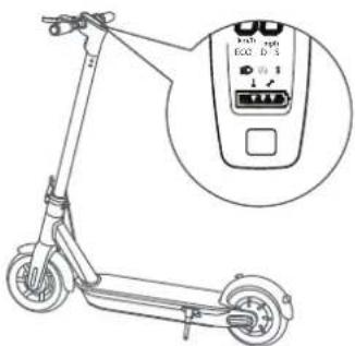 Technical diagram of an electric scooter with labeled control panel and battery icon