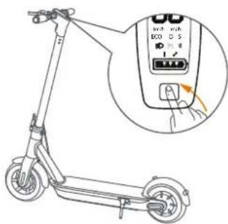 Diagram of a scooter with an inset showing the switch labeled 'ECO D S' and a hand pressing it.