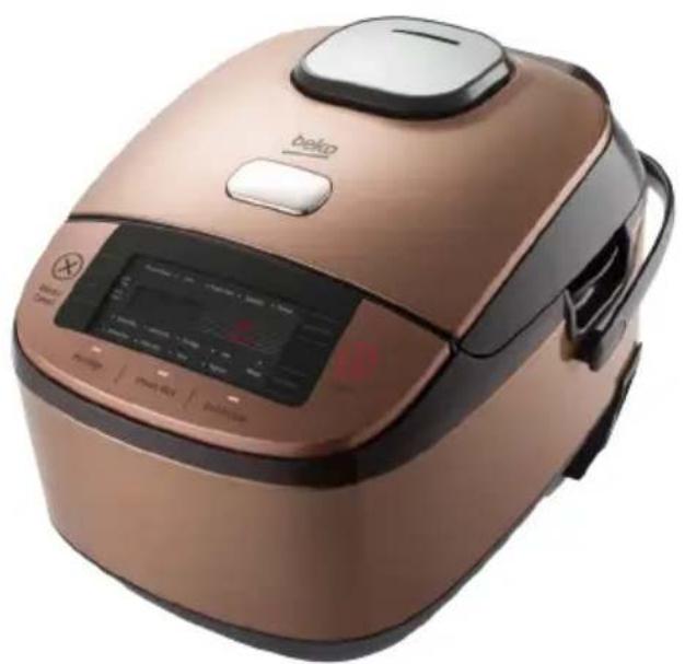 Rice cooker with beige and brown coloring, digital display, and control buttons (no visible text or symbols)
