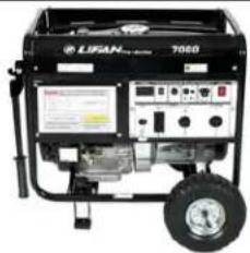 Exterior view of a portable gas generator with wheels and control panel (no visible text or symbols)