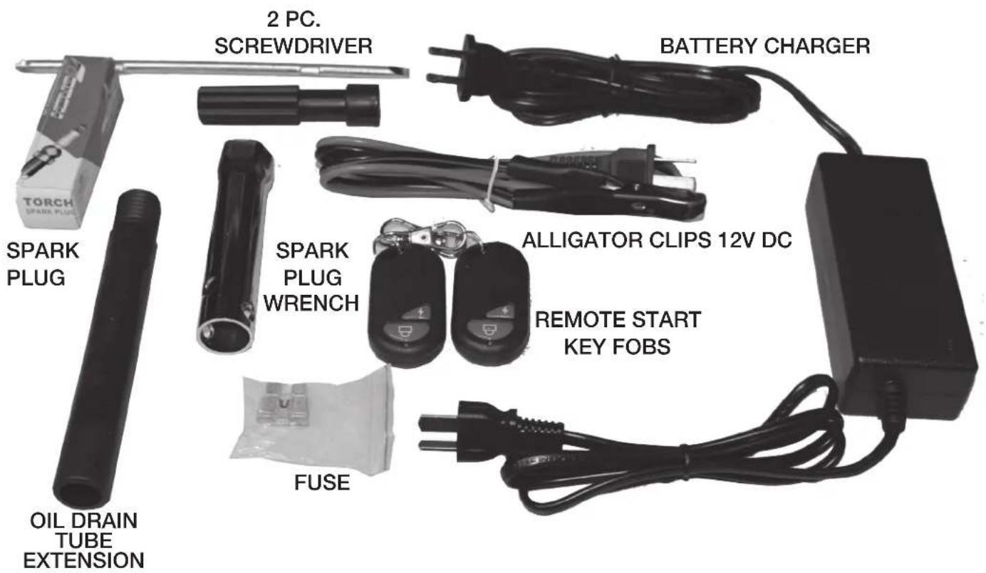 2 PC. SCREWDRIVER BATTERY CHARGER SPARK PLUG SPARK PLUG WRENCH ALLIGATOR CLIPS 12V DC REMOTE START KEY FOBS FUSE OIL DRAIN TUBE EXTENSION