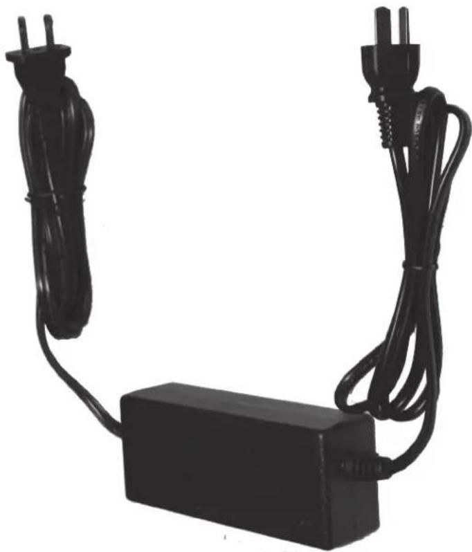 Black plastic electrical adapter with two power plugs and a rectangular battery, no visible text or symbols