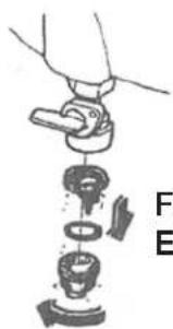 Diagram showing a hand pouring liquid into a multi-step assembly with labeled parts F and E