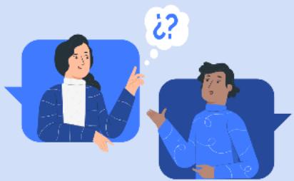 Illustration of two people in conversation, one gesturing with a question mark above the other (no text or symbols present)