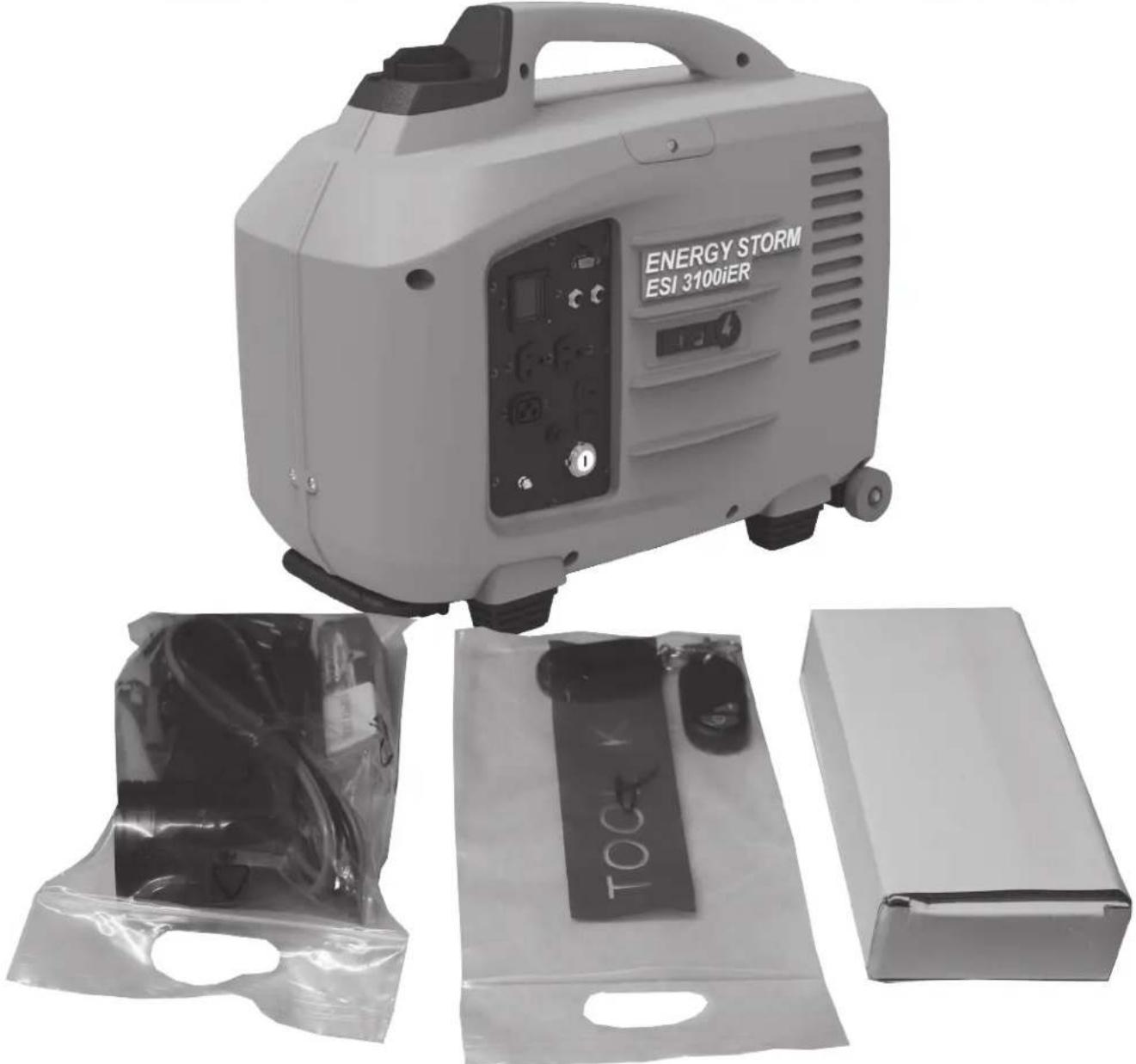 Product photo of a Energy Storm ESI 3100iER device with open rear panel, plastic packaging, and accessories (no visible text or symbols on main body)