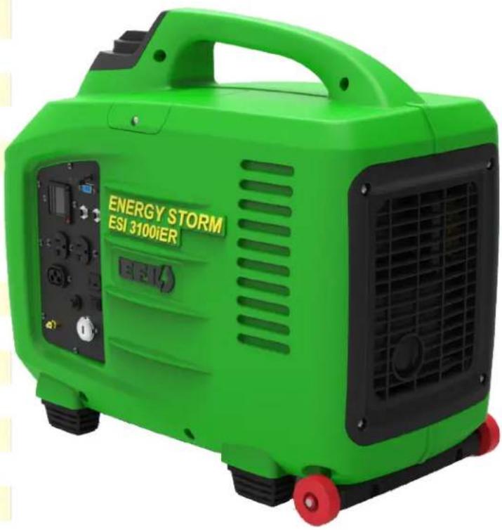 Green Energy Storm ESI 3100iER portable electricity generator with control panel and red wheels (no visible text or symbols on device body)