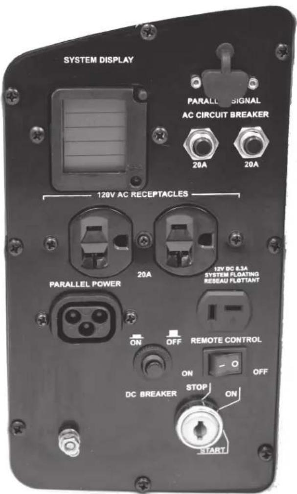 SYSTEM DISPLAY PARALL SIGNAL AC CIRCUIT BREAKER 20A 20A 120V AC RECEPTACLES PARALLEL POWER 20A 12V DC 8.3A SYSTEM FLOATING RESEAU FLOTTANT ON OFF REMOTE CONTROL DC BREAKER STOP ON START