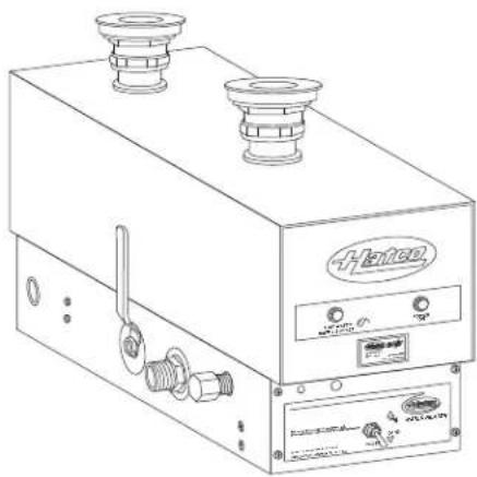 Line drawing of a vintage portable electronic device with two top ports and control panel (no readable text or symbols)