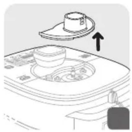 Line drawing of a kitchen appliance with a lid and side panel, showing a button and handle (no text or symbols)