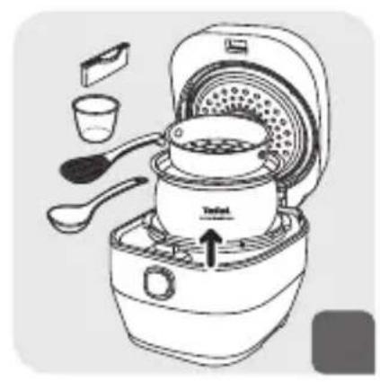 Line drawing of a food kitchen appliance with a pot, spoon, and cup (no text or symbols)