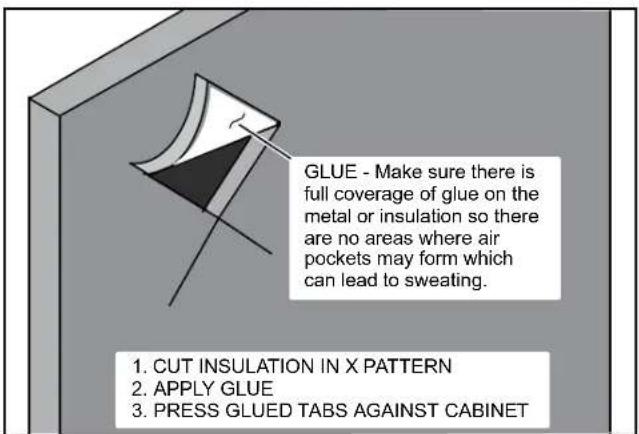 GLUE - Make sure there is full coverage of glue on the metal or insulation so there are no areas where air pockets may form which can lead to sweating. 1. CUT INSULATION IN X PATTERN 2. APPLY GLUE 3. PRESS GLUED TABS AGAINST CABINET