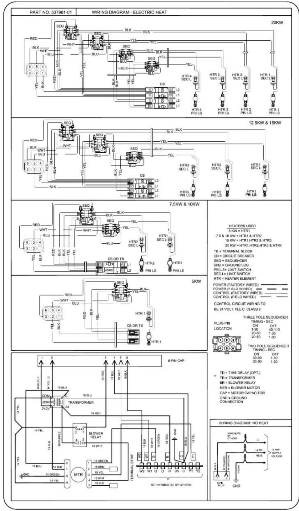 PART NO. 537981-01 WIRING DIAGRAM - ELECTRIC HEAT 20KW 12.5KW & 15KW 7.5KW & 10KW HEATERS USED 5 KW = HTR1 7.5 & 10 KW = HTR1 & HTR2 15 KW = HTR1, HTR2 & HTR3 20 KW = HTR1, HTR2, HTR3 & HTR4 TB = TERMINAL BLOCK CB = CIRCUIT BREAKER SEQ = SEQUENCER GND = GROUND LUG PRI LS= LIMIT SWITCH SEC L= LIMIT SWITCH HTR = HEATER ELEMENT POWER (FACTORY WIRED) POWER (FIELD WIRED) CONTROL (FACTORY WIRED) CONTROL (FIELD WIRED) CONTROL CIRCUIT WIRING TO BE 24 VOLT, N.E.C. CLASS 2 THREE POLE SEQUENCER PLUG PIN TIMING - SEC ON OFF LOCATION 1-20 40-110 20-60 1-30 20-60 1-30 TWO POLE SEQUENCER TIMING - SEC ON OFF 30-90 1-30 30-90 1-30 TD = TIME DELAY (OPT.) ** TR = TRANSFORMER BR = BLOWER RELAY MTR = BLOWER MOTOR CAP = MOTOR CAPACITOR GND = GROUND CONNECTION WIRING DIAGRAM: NO HEAT MTR 14 BLK L1 COM 20BV 240V 14 YEL 14 BLK 14 BLK 14 BLK 14 BLK 14 BLK 14 BLK 14 BLK 14 BLK 14 BLK 14 BLK 14 BLK 14 BLK 14 BLK 14 BLK 14 BLK 14 BLK 14 BLK 14 BLK 14 BLK 14 BLK 14 BLB 14 BLB 14 BLB 14 BLB 14 BLB 14 BLB 14 BLB 14 BLB 14 BLB 14 BLB 14 BLB 14 BLB 14 BLB 14 BLB 14 BLB 14 BLB 14 BLB 14 BLB 14 BLB 14 BLB 14 BLBL 14 BLBL 14 BLBL 14 BLBL 14 BLBL 14 BLBL 14 BLBL 14 BLBL 14 BLBL 14 BLBL 14 BLBL 14 BLBL 14 BLBL 14 BLBL 14 BLBL 14 BLBL 14 BLBL 14 BLBL 14 BLBL 14 BLBL 14 BLBRLN 18 YEL 18 YEL 18 YEL 18 YEL 18 YEL 18 YEL 18 YEL 18 YEL 18 YEL TERMINAL STRIP W2 W2 W1 G O R DS C Y1 Y2 TO THERMOSTAT BY OTHERS