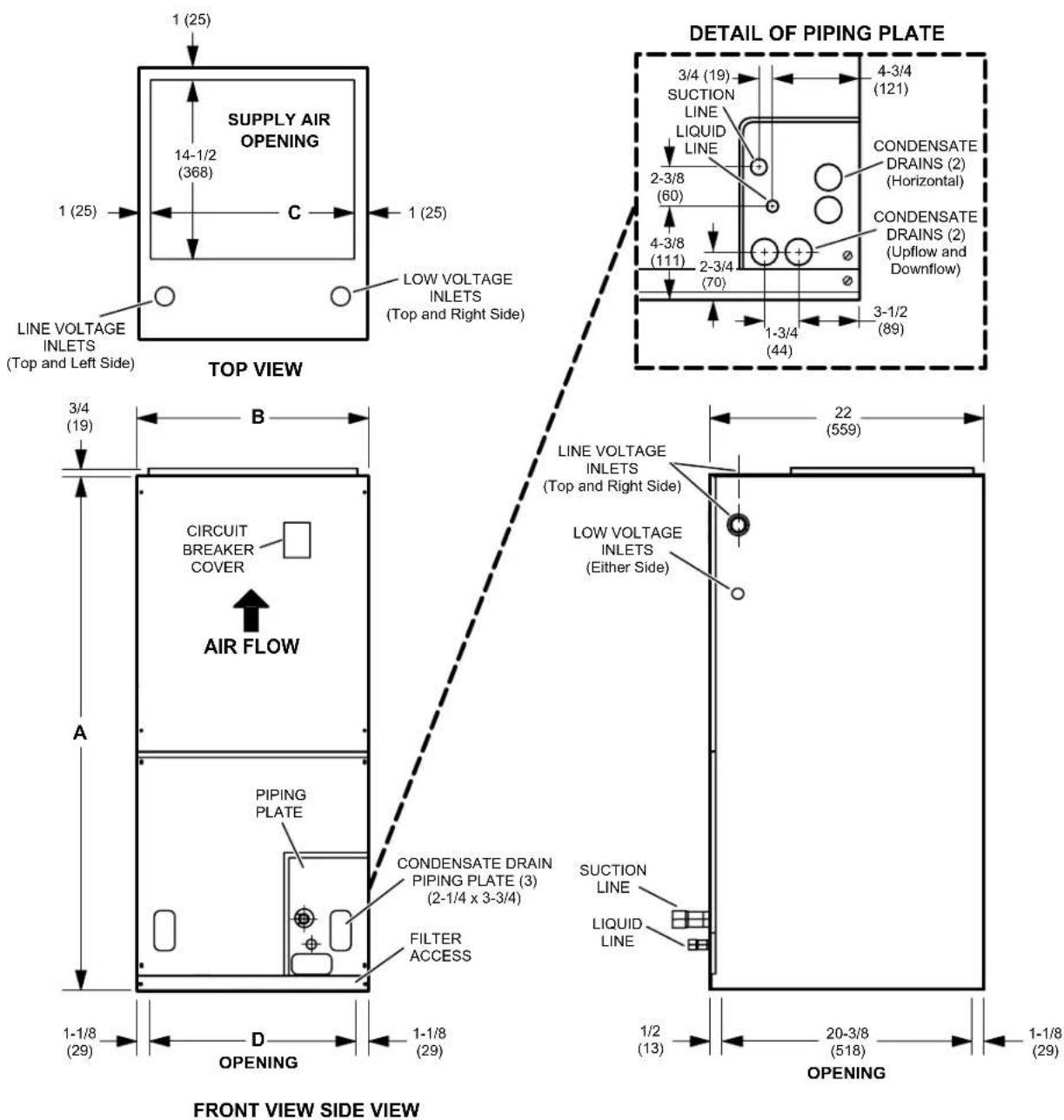 1 (25) 14-1/2 (368) C 1 (25) LINE VOLTAGE INLETS (Top and Left Side) TOP VIEW DETAIL OF PIPING PLATE 3/4 (19) SUCTION LINE LIQUID LINE 2-3/8 (60) 4-3/8 (111) 2-3/4 (70) 4-3/4 (121) CONDENSATE DRAINS (2) (Horizontal) CONDENSATE DRAINS (2) (Uplow and Downflow) 1-3/4 (44) 3-1/2 (89) 3/4 (19) B AIR FLOW CIRCUIT BREAKER COVER PIPING PLATE CONDENSATE DRAIN PIPING PLATE (3) (2-1/4 x 3-3/4) FILTER ACCESS A 1-1/8 (29) D OPENING 1-1/8 (29) 22 (559) 1/2 (13) 20-3/8 (518) 1-1/8 (29) OPENING FRONT VIEW SIDE VIEW