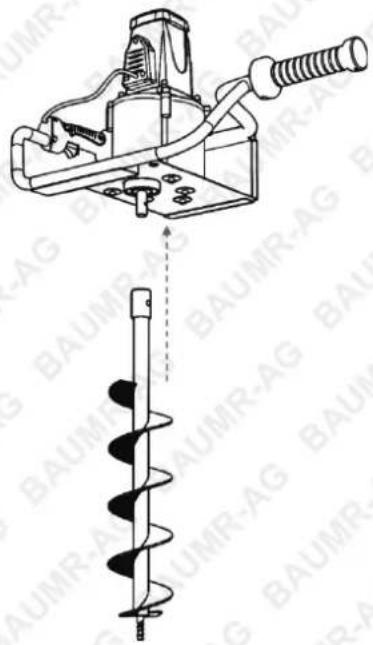 Technical diagram showing a mechanical device and its corresponding spiral drill bit with BAUMR-AG branding