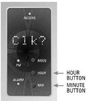 C1k? MODE PM HOUR ALARM MIN ← HOUR BUTTON ← MINUTE BUTTON