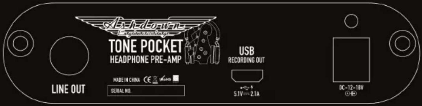 TONE POCKET HEADPHONE PRE-AMP USB RECORDING OUT MADE IN CHINA CE SERIAL NO. 5.1V=2.1A LINE OUT DC-12-18V