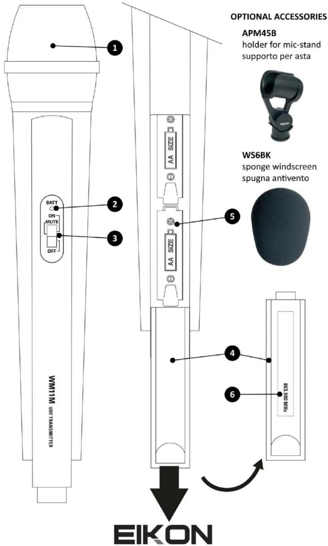 OPTIONAL ACCESSORIES APM45B holder for mic-stand supporto per asta WS6BK sponge windscreen spugna antivento EIKON