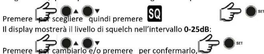 Premere - per scegliere quindi premere Il display mostrerà il livello di squelch nell'intervallo 0-25dB: Premere - per cambiarlo e/o premere per confermarlo,