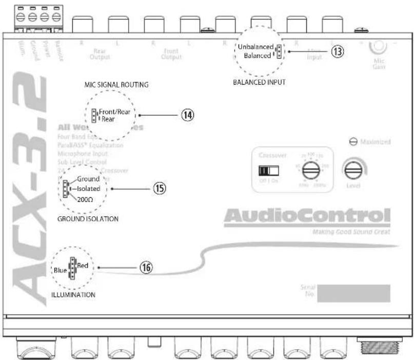 ACX-3.2 Turn Ground Power Rear Rear L R Front L R Unbalanced Balanced Input 13 Mic Gain BALANCED INPUT MIC SIGNAL ROUTING Front/Rear Rear 14 All Wet Four Band Equipment Parabass® Equalization Microphone Input Sub Level Control 24 Crossover Crossover Ground Isolated 200Ω 15 GROUND ISOLATION Blue Red 16 ILLUMINATION AudioControl Making Good Sound Great Signal No
