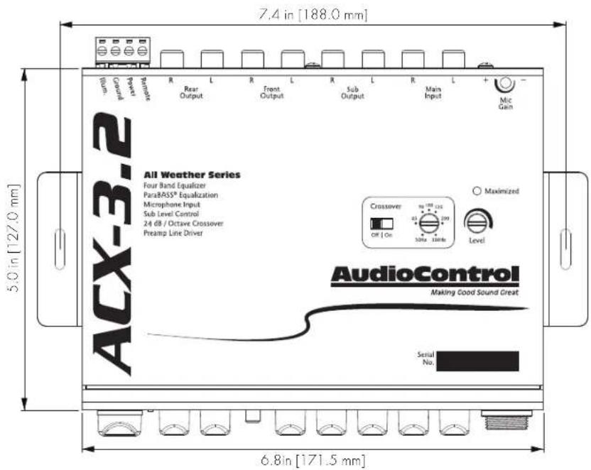 7,4 in [188.0 mm] 5,0 in [127.0 mm] ACX-3-2 All Weather Series Four Band Equalizer ParaBASS® Equalization Microphone Input Sub Level Control 24 dB / Octave Crossover Preamp Line Driver AudioControl Making Good Sound Great Serial No. Maximized Crossover OFF | On SATA 100Hz Level Mic Gain