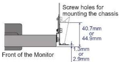 Screw holes for mounting the chassis 40.7mm or 44.9mm 1.3mm or 2.9mm Front of the Monitor