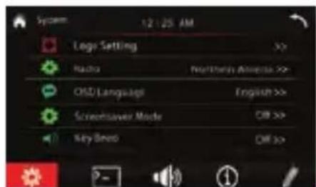 System 12:25 AM Logo Setting Radio PostFrequency Audio >> CHD Language English >> Scratchaver Mode Off >> Key Bred Off >>