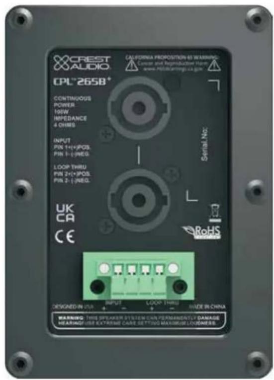 CREST AUDIO CPL™ 265B+ CONTINUOUS POWER 100W IMPEDANCE 4 OHMS INPUT PIN 1+/-/POS. PIN 1-/-/REQ. LOOP THRU PIN 2+/-/POS. PIN 2-/-/REQ. UK CA CE CALEBRINIA PROPOSITION AS WARNING: Cancer and Reproduction Hard www.roboverings.ca.gov Serial No. RoHS DESIGNED IN USA INPUT LOOP THRU MADE IN CHINA WARNING: THIS SPEAKER SYSTEM CAN PERMANENTLY DAMAGE HEARTING/FUSE EXTREME CARE SETTING MAXIMUM LOUWARES.