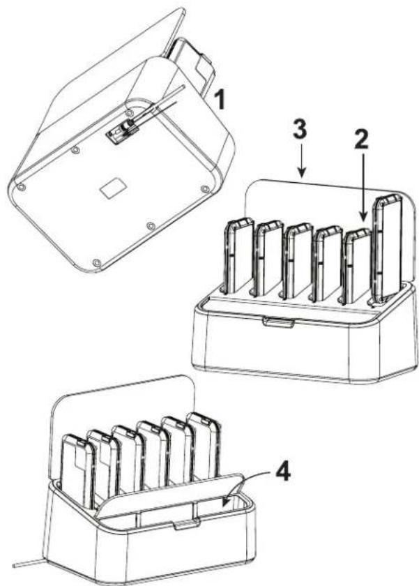 Technical diagram showing three views of a battery pack assembly with labeled components