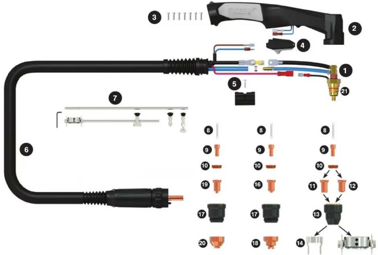 Exploded view diagram of a welding torch with numbered parts and exploded view of connector parts