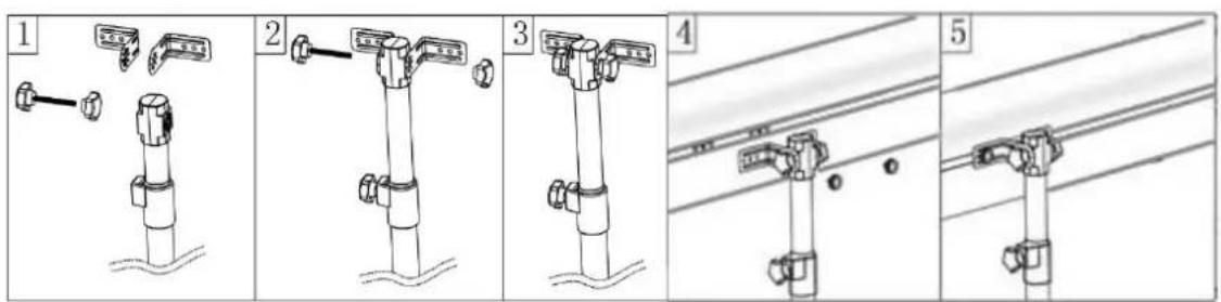 Technical diagram showing five sequential steps of a mechanical or electrical assembly with labeled components and directional arrows.