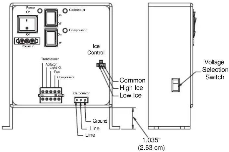 Power On Carbonator On Off Compressor Off On Off Power in Transformer Agitator Light Kit Fan Compressor Ice Control Common High Ice Low Ice Carbonator Ground Line Line 1.035" (2.63 cm) Voltage Selection Switch