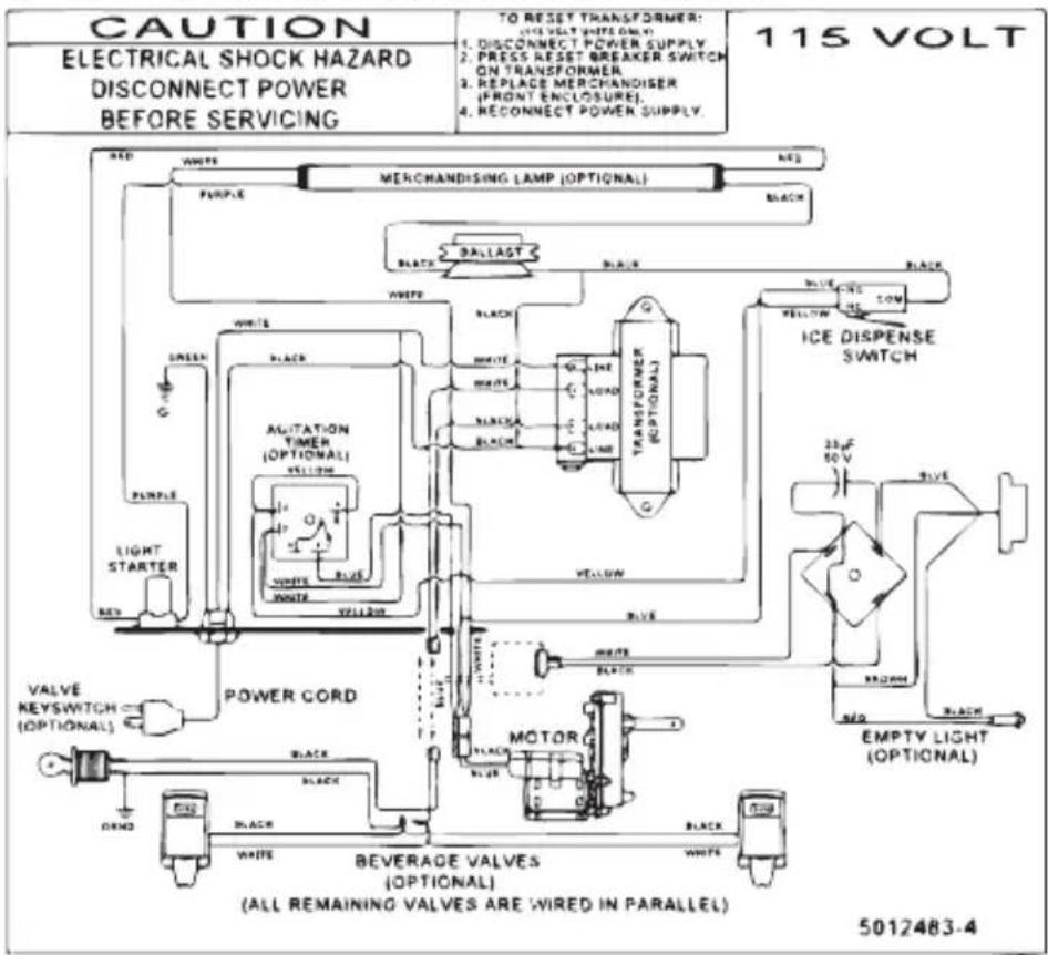 CAUTION ELECTRICAL SHOCK HAZARD DISCONNECT POWER BEFORE SERVICING TO RESET TRANSFORMER: (15 VOLT WIFE ONLY) 1. DISCONNECT POWER SUPPLY 2. PRESS RESET BREAKER SWITCH ON TRANSFORMER 3. REPLACE MERCHANDISER (PROUNT ENCLOSURE) 4. RECONNECT POWER SUPPLY. 115 VOLT RED WHITE PURPLE MERCHANTISING LAMP (OPTIONAL) RED BLACK BALLAST WHITE GREEN WHITE ALITATION TIMER (OPTIONAL) YELLOW WHITE WHITE BLUE WHITE YELLOW POWER CORD VALVE KEYSWITCH (OPTIONAL) ORND WHITE BLACK BEVERAGE VALVES (OPTIONAL) (ALL REMAINING VALVES ARE WIRED IN PARALLEL) BEVERAGE VALVES (OPTIONAL) WHIPY LIGHT (OPTIONAL) BLUE WHITE BLUE AMOUNTED TIMER (OPTIONAL) YELLOW WHITE BLUE AMOUNTED TIMER (OPTIONAL) YELLOW WHITE AMOUNTED TIMER (OPTIONAL) YELLOW WHITE AMOUNTED TIMER (OPTIONAL) YELLOW WHITE AMOUNTED TIMER (OPTIONAL) YELLOW WHITE AMOUNTED TIMER (OPTIONAL) YELLOW WHITE AMOUNTED TIMER (OPTIONAL) YELLOW WHITE AMOUNTED TIMER (OPTIONAL) YELLOW WHITE AMOUNTED TIMER (OPTIONAL) YELLOW WHITE AMOUNTED TIMER (OPTIONA) AMOUNTED TIMER (OPTIONA) YELLOW WHITE AMOUNTED TIMER (OPTIONA) YELLOW WHITE AMOUNTED TIMER (OPTIONA) YELLOW WHITE AMOUNTED TIMER (OPTIONA) YELLOW WHITE AMOUNTED TIMER (OPTIONA) YELLOW WHITE AMOUNTED TIMER (OPTIONA) YELLOW WHITE AMOUNTED TIMER (OPTIONA) YELLOW WHITE AMOUNTED TIMER (OPTIONA) YELLOW WHITE AMOUNTED TIMER (OPTIONA)