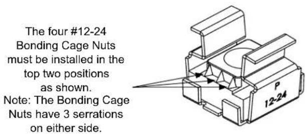 The four #12-24 Bonding Cage Nuts must be installed in the top two positions as shown. Note: The Bonding Cage Nuts have 3 serrations on either side.