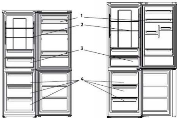 Technical diagram of a refrigerator with numbered components for identification
