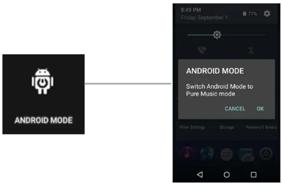 8:49 PM Friday, September 1 77% ANDROID MODE Switch Android Mode to Pure Music mode CANCEL OK Filter Settings Storage Power-off timers