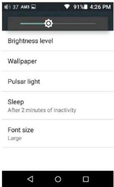 37 AM3 91% 4:26 PM Brightness level Wallpaper Pulsar light Sleep After 2 minutes of inactivity Font size Large