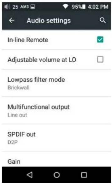 Audio settings In-line Remote Adjustable volume at LO Lowpass filter mode Brickwall Multifunctional output Line out SPDIF out D2P Gain
