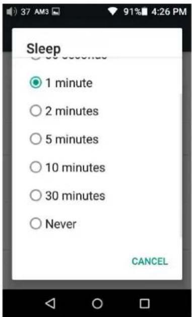 Sleep 1 minute 2 minutes 5 minutes 10 minutes 30 minutes Never CANCEL
