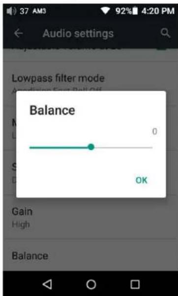 37 AM3 92% 4:20 PM Audio settings Lowpass filter mode Balance 0 OK Gain High Balance