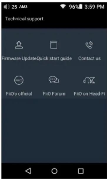 25 AM3 96% 3:59 PM Technical support Firmware UpdateQuick start guide Contact us FiiO's official FiiO Forum FiiO on Head-Fi