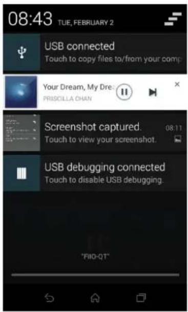 08:43 TUE, FEBRUARY 2 USB connected Touch to copy files to/from your comp Your Dream, My Dre: PRISCILLA CHAN Screenshot captured. Touch to view your screenshot. USB debugging connected Touch to disable USB debugging. "FIO-QT"