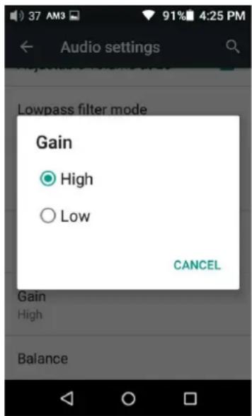 Audio settings Lowpass filter mode Gain ● High ○ Low CANCEL Gain High Balance