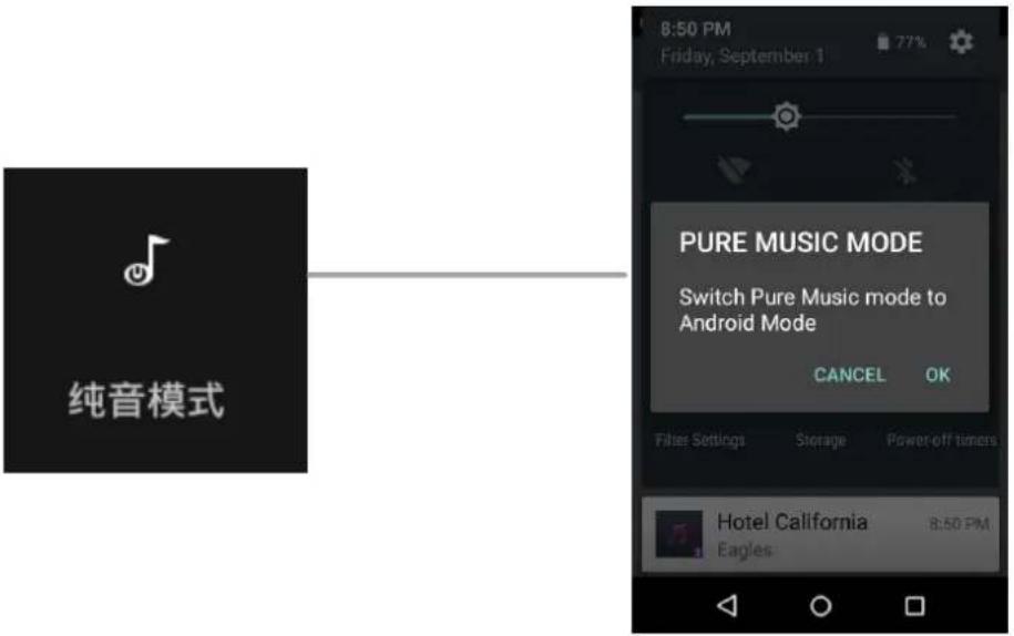 纯音模式 8:50 PM Friday, September 1 77% PURE MUSIC MODE Switch Pure Music mode to Android Mode CANCEL OK Filter Settings Storage Power-off timers Hotel California Eagles 8:50 PM
