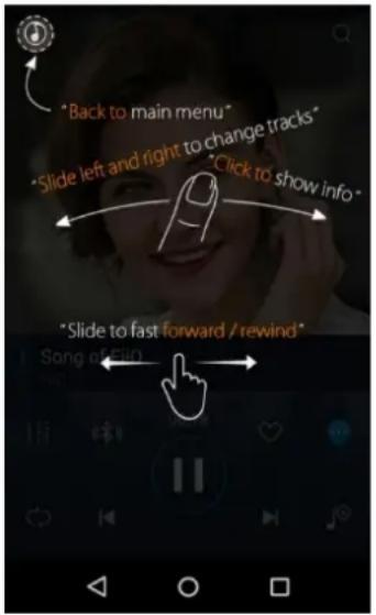 "Back to main menu" "Slide left and right to change tracks" "Click to show info" "Slide to fast forward / rewind" Song of Fio