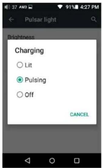 Pulsar light Brightness Charging ○ Lit ● Pulsing ○ Off CANCEL