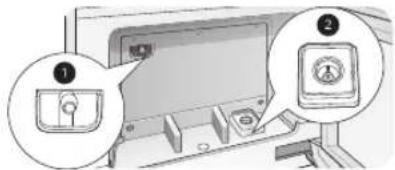 Diagram showing two labeled buttons (① and ②) pointing to a device interface with a lock and timer, likely illustrating a control or status adjustment.