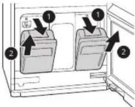 Diagram showing two labeled storage compartments with arrows indicating movement or flow, likely illustrating a system or process.