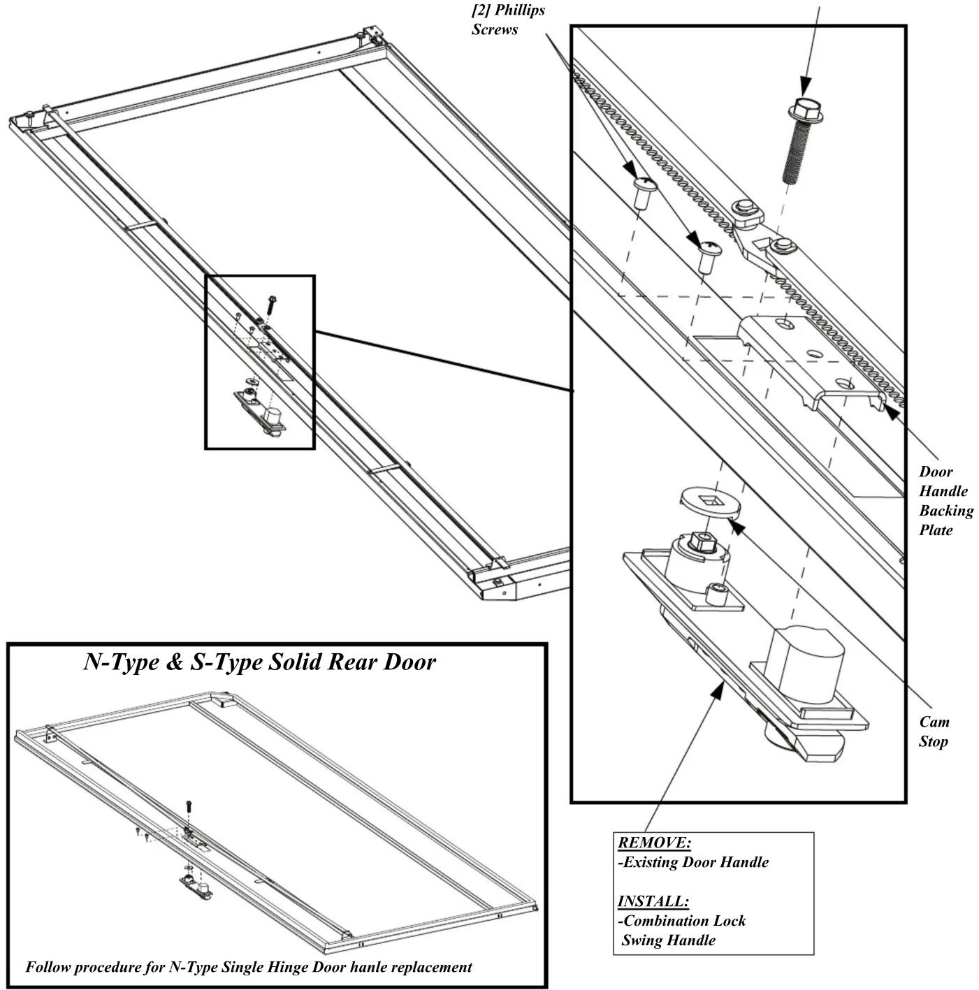 [2] Phillips Screws Door Handle Backing Plate Cam Stop N-Type & S-Type Solid Rear Door REMOVE: -Existing Door Handle INSTALL: -Combination Lock Swing Handle Follow procedure for N-Type Single Hinge Door hanle replacement
