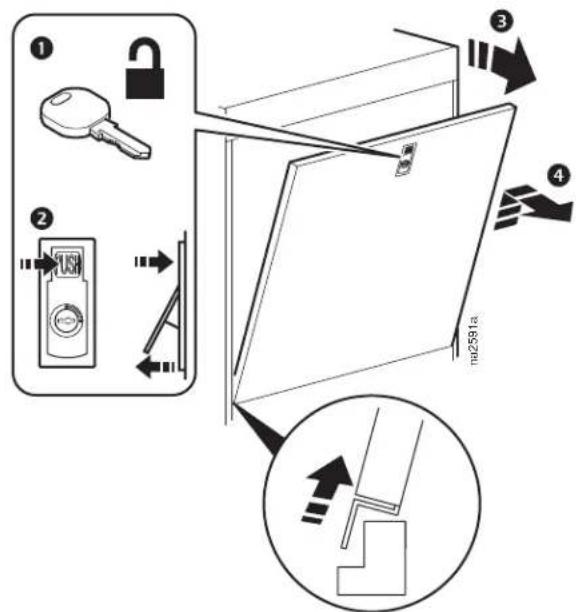 Diagram illustrating door lock and door door assembly steps with labeled components and directional arrows