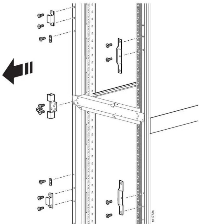 Technical diagram showing server rack mounting and mounting bracket installation with labeled components and a directional arrow indicating assembly or alignment.